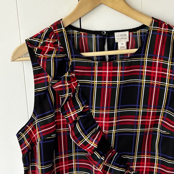 J.Crew Tartan Plaid Ruffle Sleeveless Top Women's Size 14 Factory Blouse Holiday - Picture 3 of 9